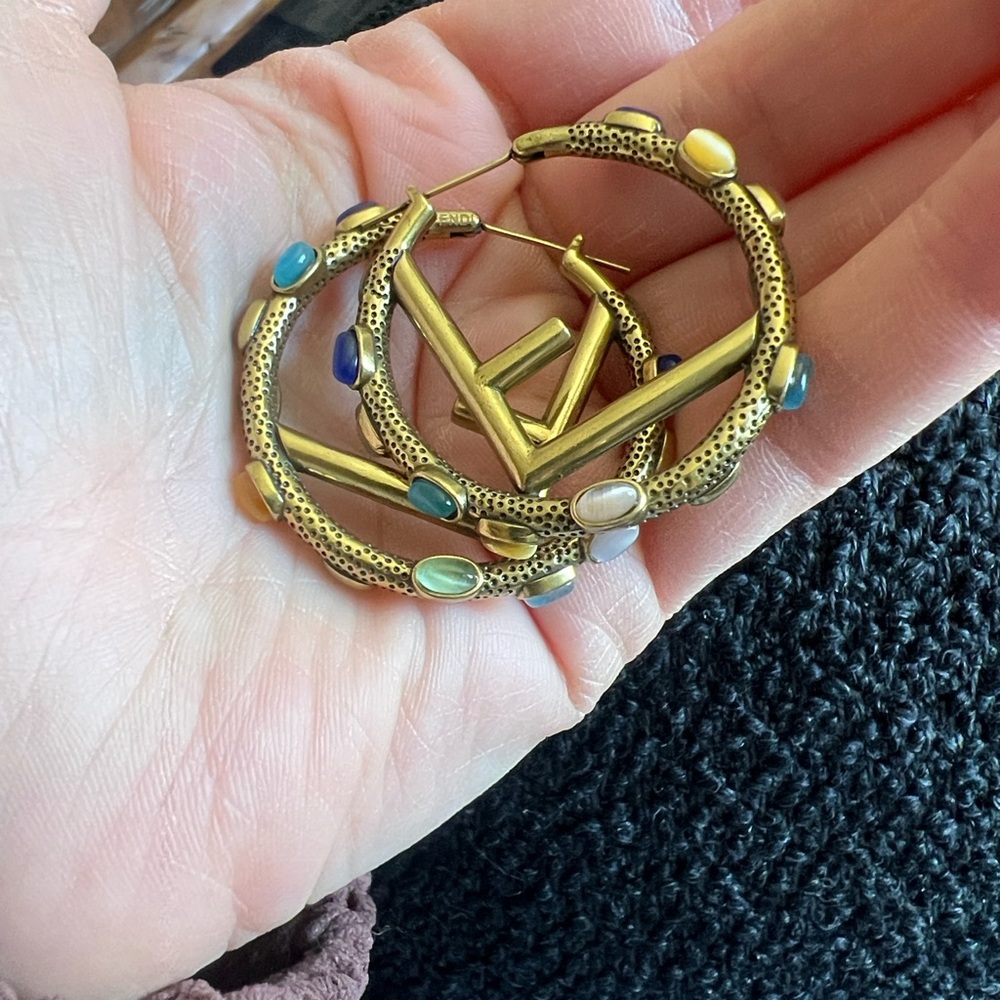 Fendi Gold Hoop Earrings with Turquoise Accents - Picture 3 of 12